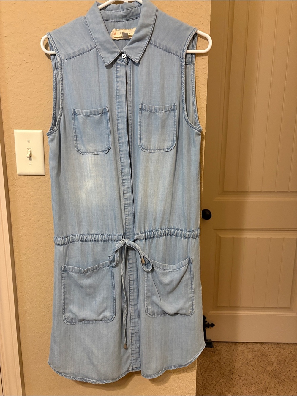 Light Blue Sleeveless Denim Midi Dress with Drawstring Waist